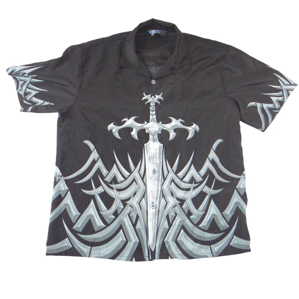 Sapphire Lounge Mens XL Black Silver Sword Tribal‎ Graphic Button Down Shirt Y2K